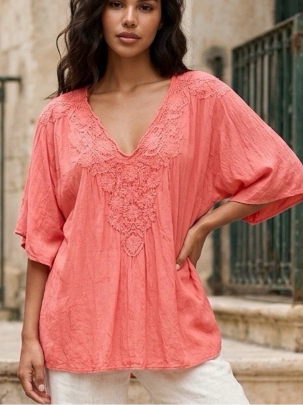 Johnny Was Coral Embroidered V-Neck Tunic